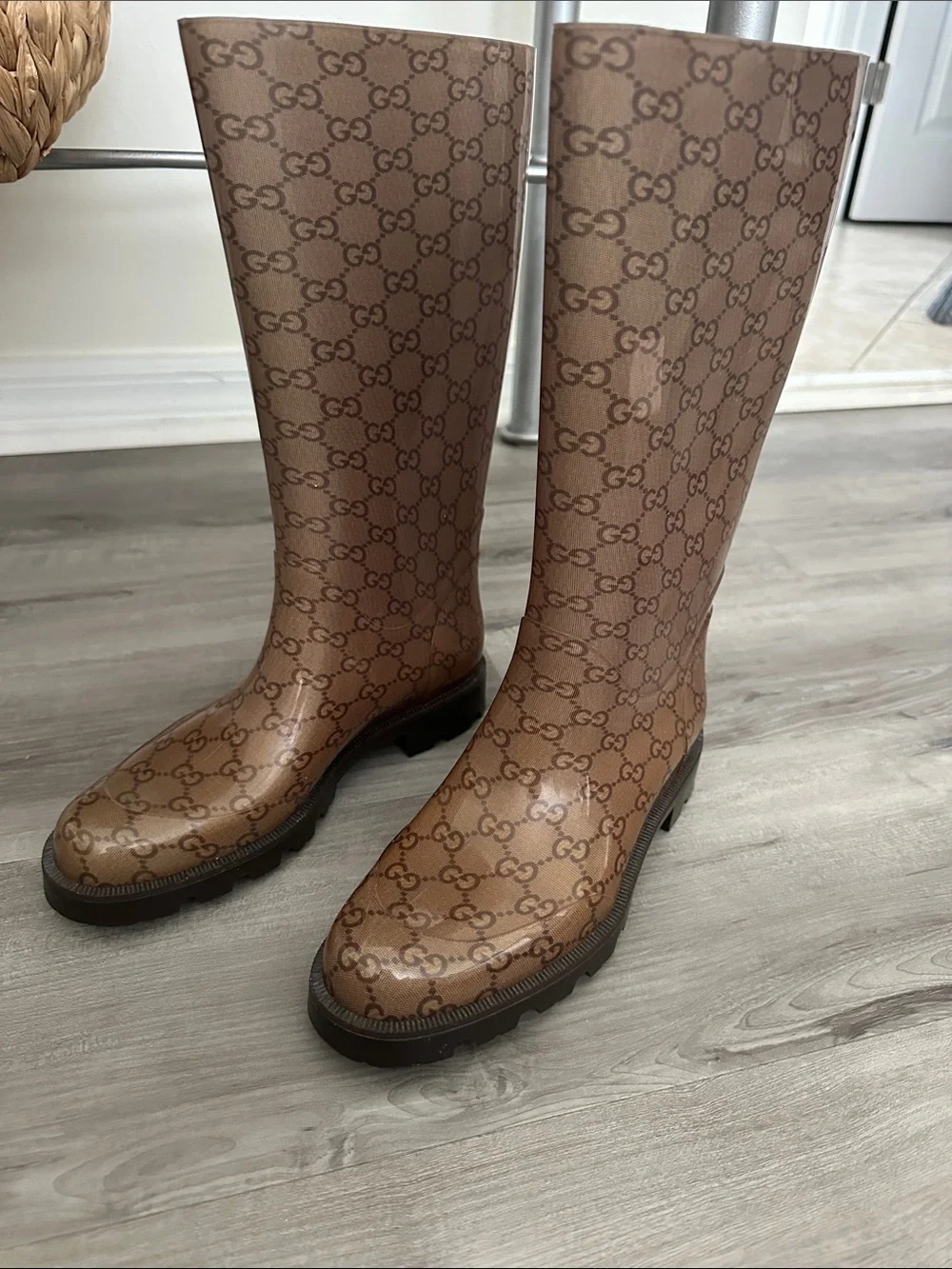 Gucci Brown GG Monogram Knee-High Rain Boots